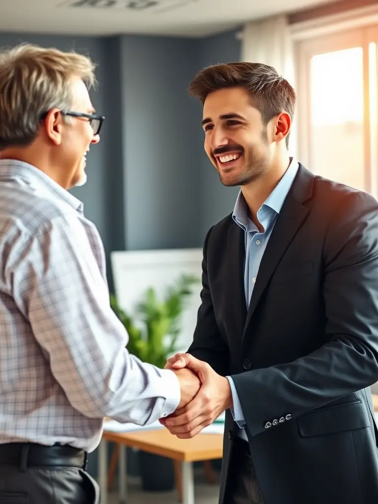 An insurance agent confidently shaking hands with a new client after a successful deal closing, representing deal closing assistance.