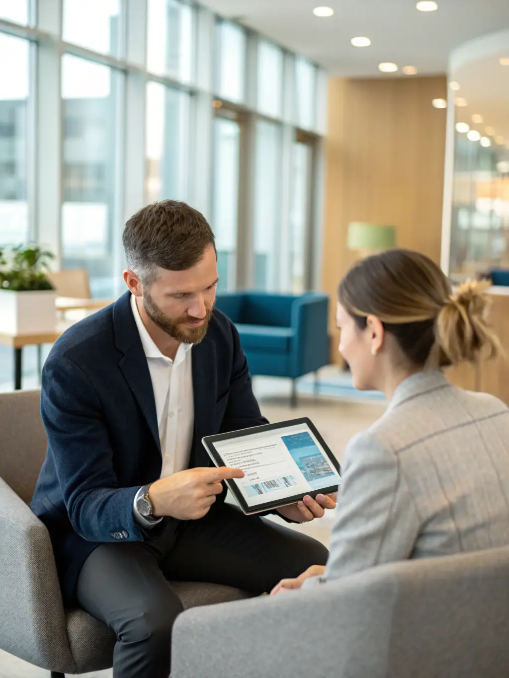 A professional insurance agent smiling confidently while reviewing a tablet displaying a dashboard of high-quality leads.