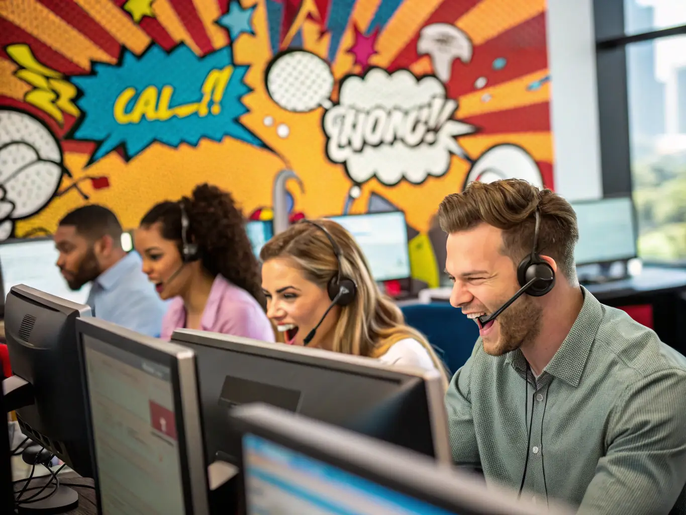 A team of skilled telemarketers making cold calls in a modern call center environment, focusing on reaching new prospects.