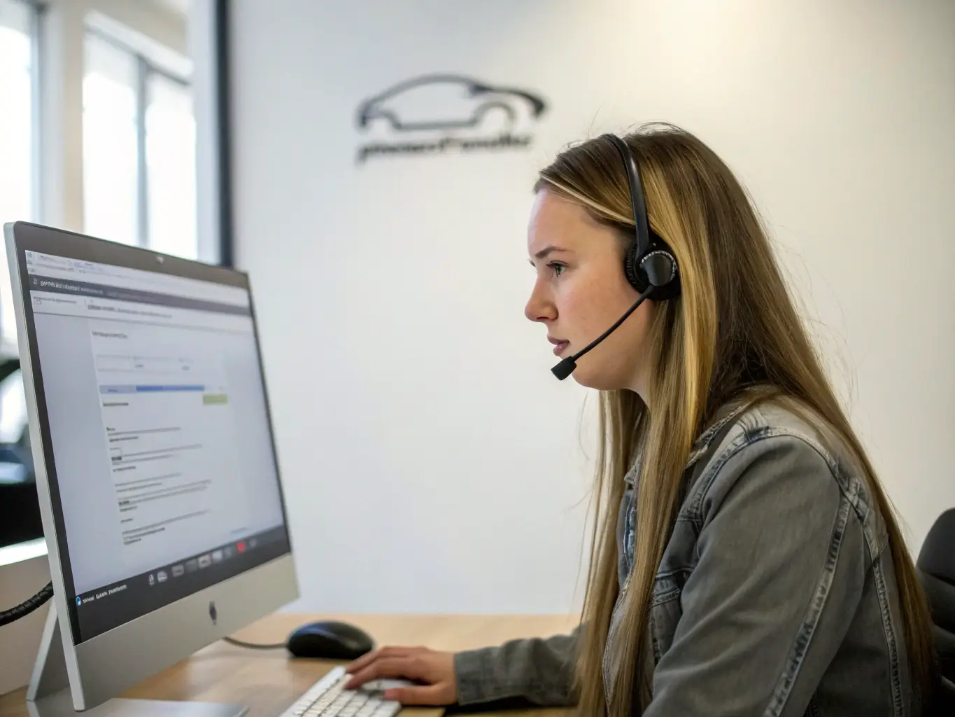A life insurance agent confidently engaging in a cold calling session, using a headset and computer, in a quiet and focused workspace.