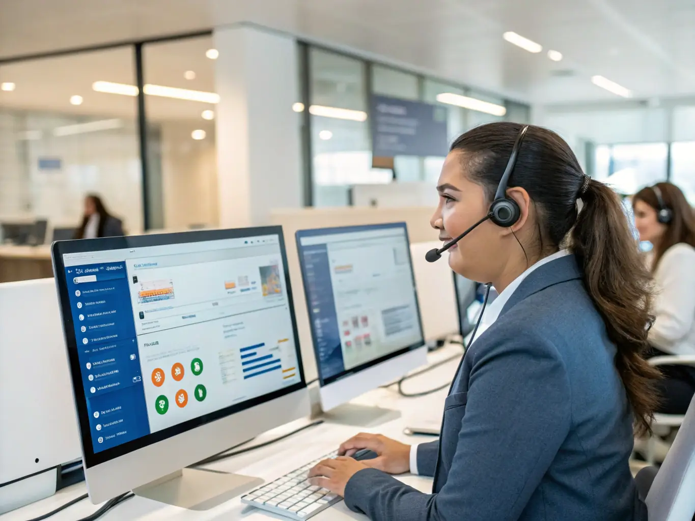 A dedicated call center agent making a follow-up call to a potential client, with a friendly and professional demeanor, in a modern call center environment.