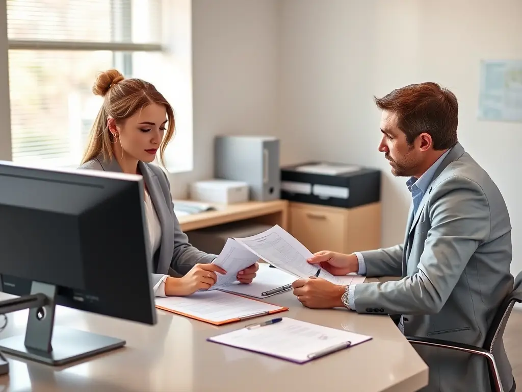 A professional life insurance agent reviewing a completed Final Expense application form in a well-lit office, with a satisfied expression, indicating a successful sale.